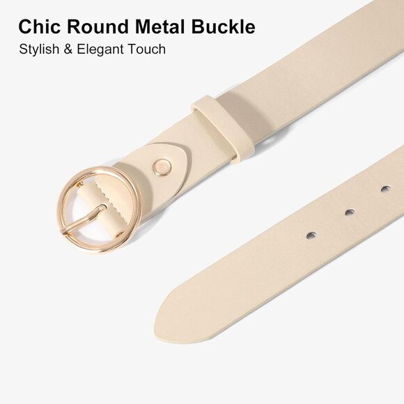 Women Leather Belt with Circle Gold Buckle Fashion Ladies Waist Belt Beige main image 6